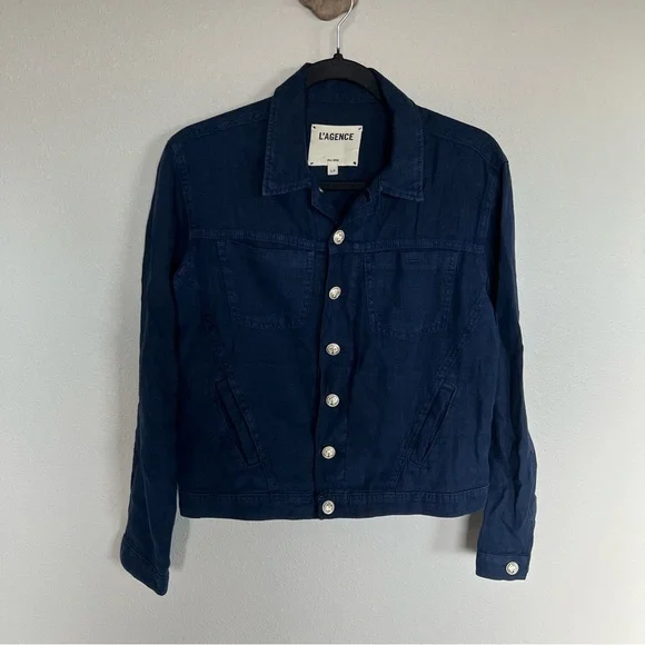 L’AGENCE Celine Slim Femme Jacket Marine Navy Blue Linen Casual Women’s Small - Picture 2 of 12
